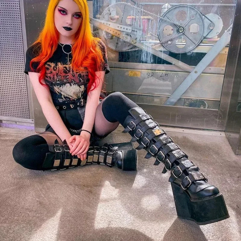 (NOVO) Bota Warlock® Gothic - Sapatos Femininos Estilo Punk Gótico com Salto Alto tipo Demonia
