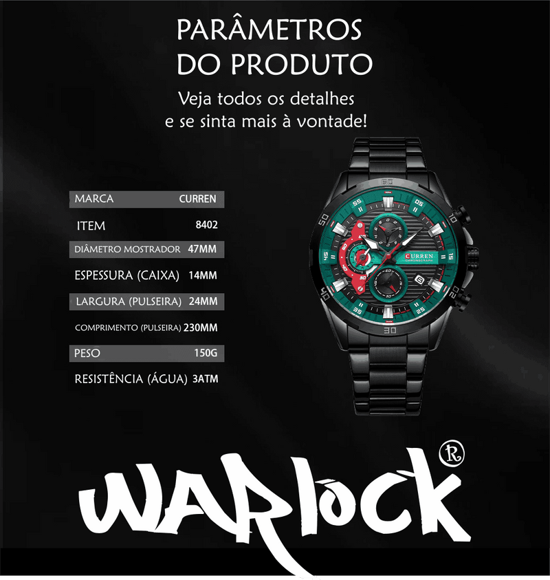 Relógio Masculino WARLOCK CURREN™ de Luxo à Prova D'água com Efeito Luminoso - Rodrigo